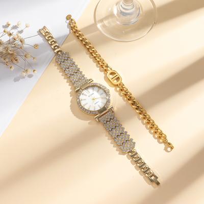 2 Stück/Set Einfache runde Diamant-Inlay-Damen-Quarzuhren Einfache Armband-Schmucksets geeignet für Urlaubsgeschenke