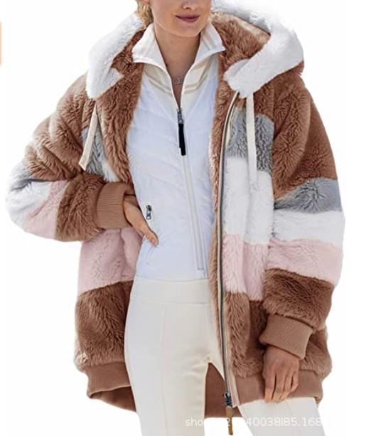 Womens Fashion Splicing Winter Loose Plush Long Sleeve Zipper Pocket Hooded Coat