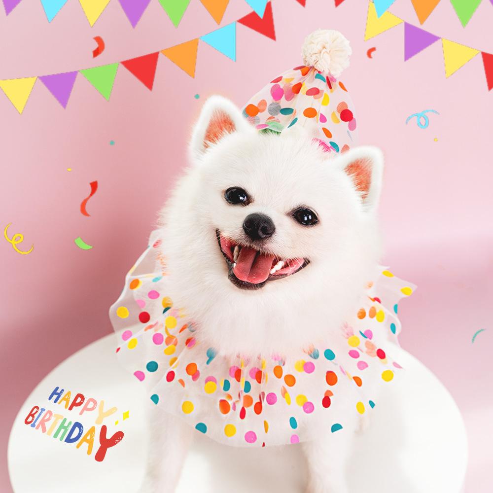 Pet Polka Dot Lace Bib Birthday Products Cat Dog Korean Color Polka Dot Collar INS Headgear