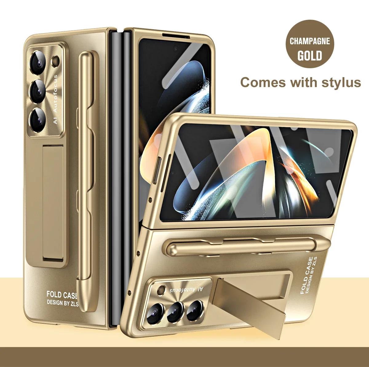 

with Screen Protector Pen Phone Case for Samsung Galaxy Z Fold 7 6 5 4 3 Kickstand Skin Texture Scrub Fine Hole Polishing Glass Galaxy Z Fold5 золотий