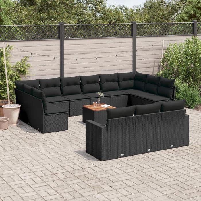 VidaXL Salon de Jardin avec Coussins 14 pcs, Canapés de Terrasse, Ensemble de Meubles de Patio, Mobilier d'Extérieur, Noir 3256692