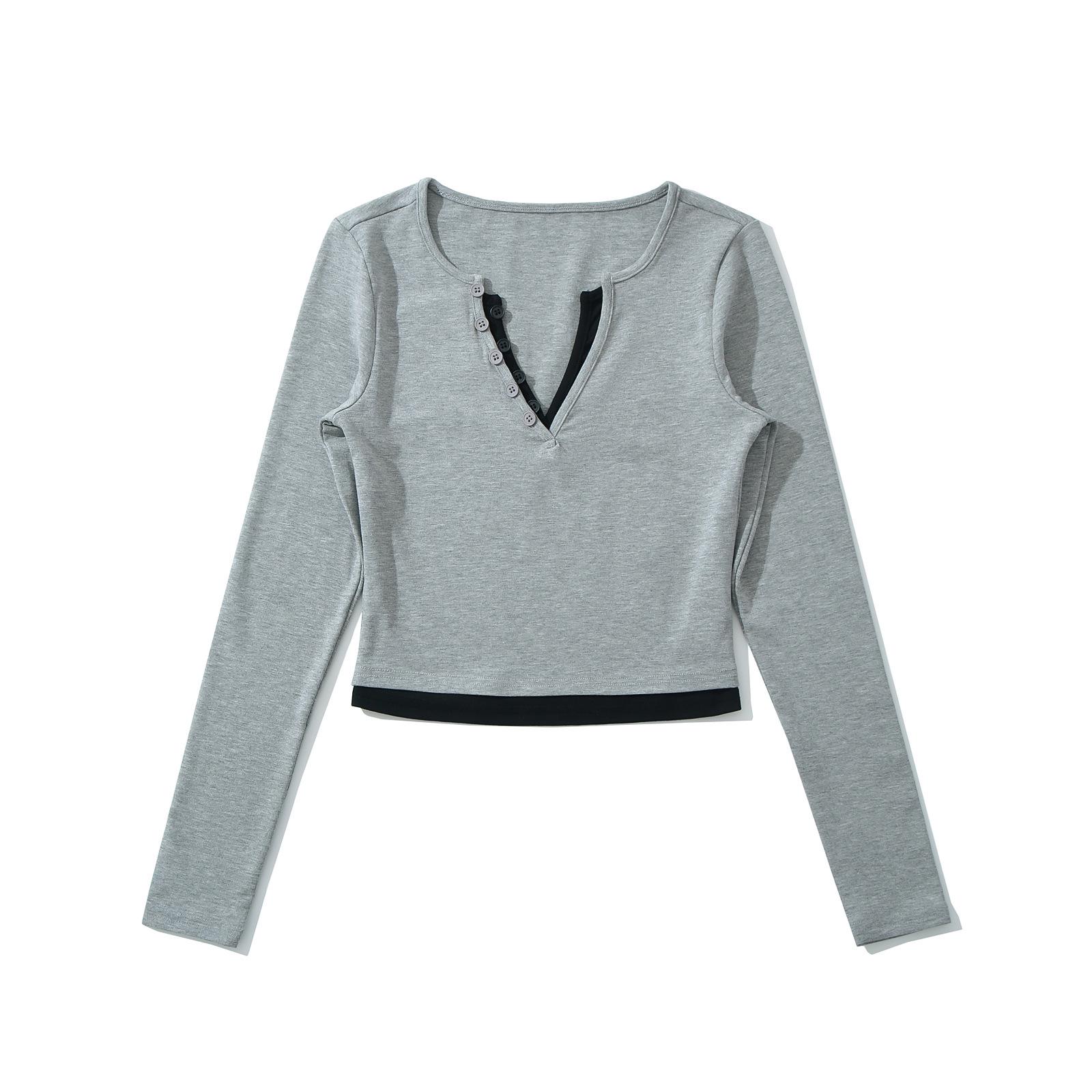 

Острый девичий топ из двух частей с имитацией длинного рукава - Весна 2025 Облегающая короткая футболка. Medium светло-серый