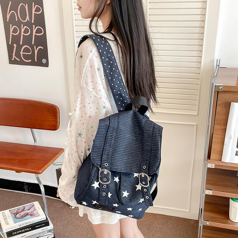 Gepunkteter Sternen-Denim-Rucksack mit hohem ästhetischem Wert, Schülerrucksack, Millennial Spicy Girl Einkaufsrucksack