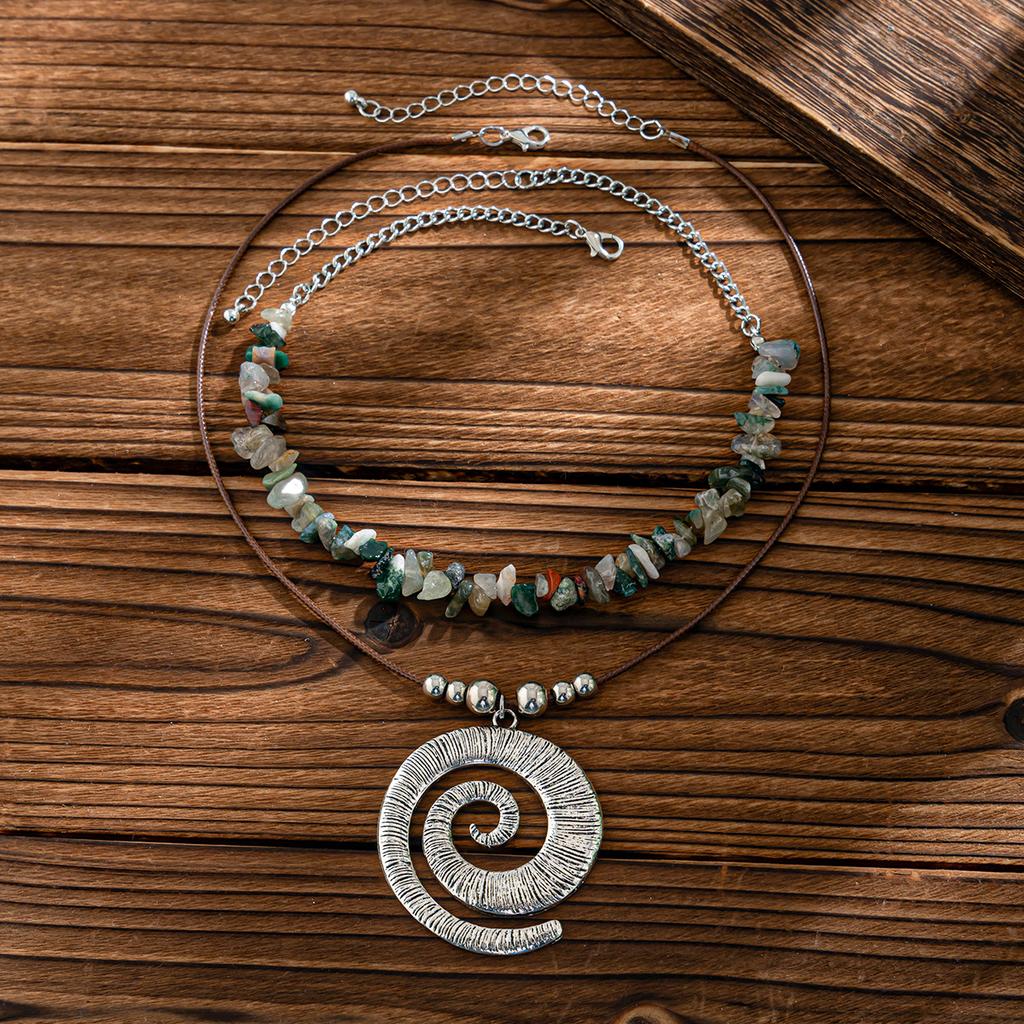 Bohemian Stripe Spiral Alloy Necklace Vintage Leather Wax Rope Pendant Chain Literary Fashion Personalised Stacked Women's Necklace