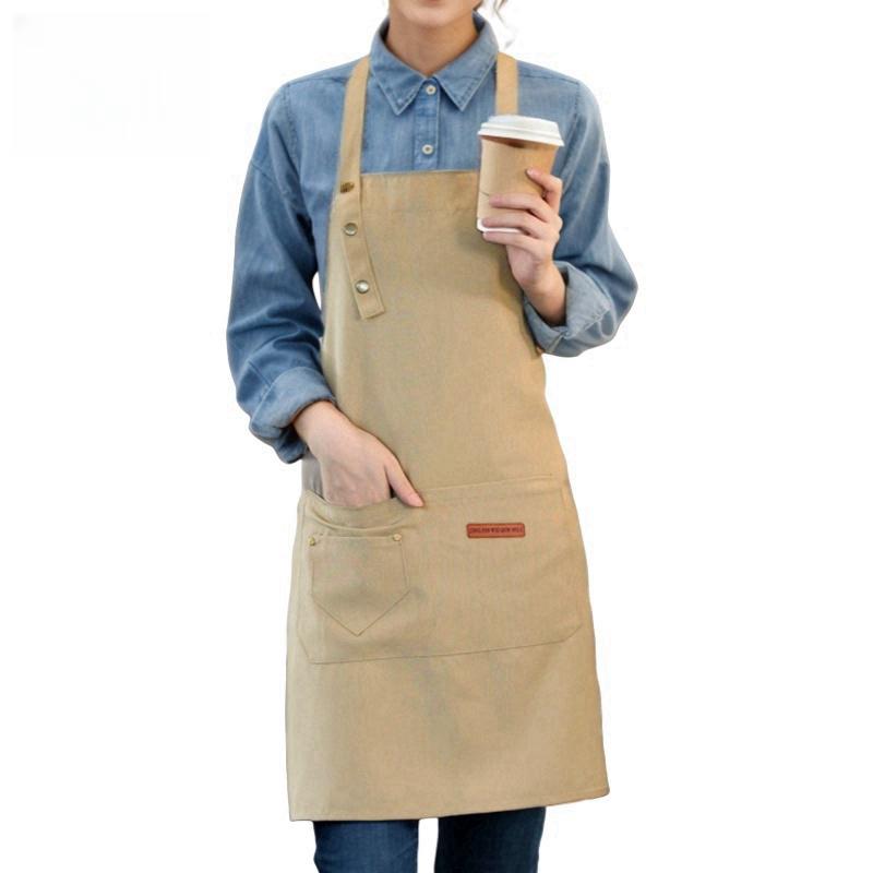 Restaurant café apron for cooking; kitchen canvas apron for ladies with 3 adjustable shoulder straps and large pockets; chef's b