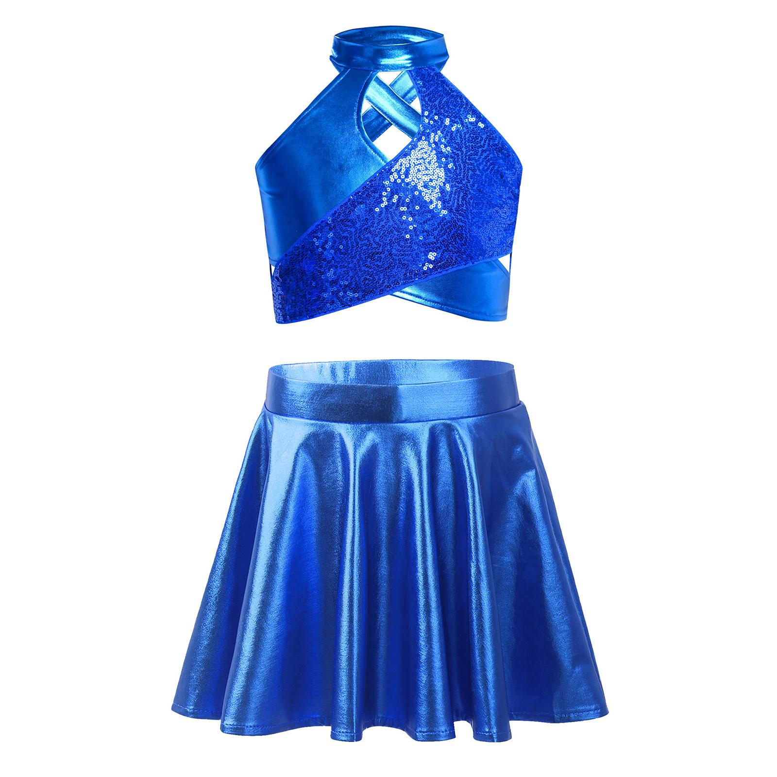 

Girls Jazz Dance Costume Cross Keyhole Sparkly Sequins Metallic Crop Top Shiny A-Line Skirt 5-6 Years синій