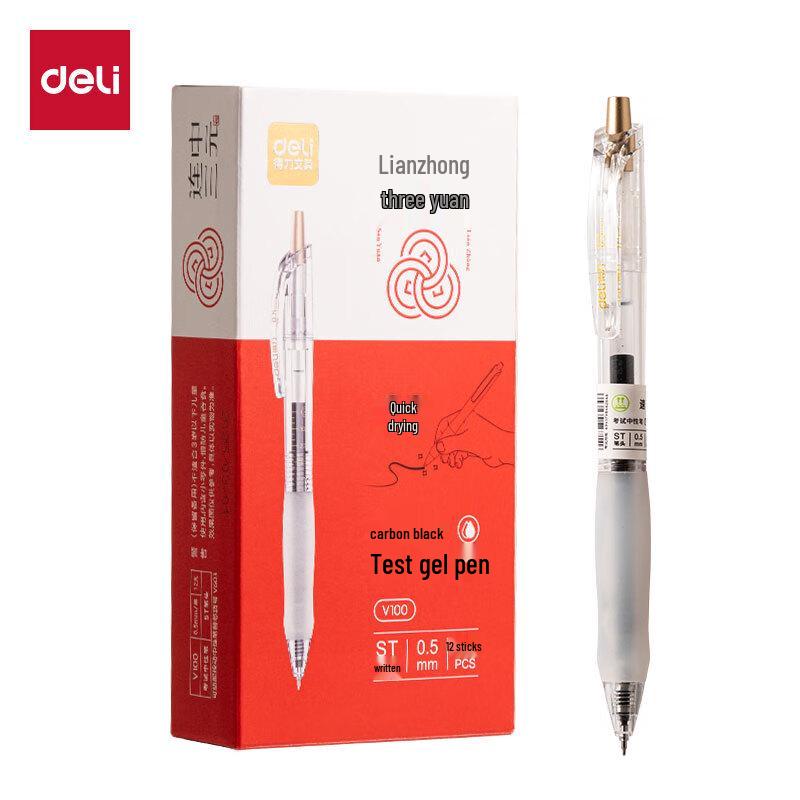 Deli V100 Quick-Dry Ret retractable Gel Pens, 0.5mm Black, 12-Pack
