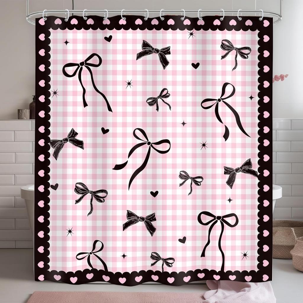 Pink Black Bow Shower Curtain Cherry Girly Preppy Modern Fruit Pretty Sweet Aesthetic for Girls Teens Cloth Fabric