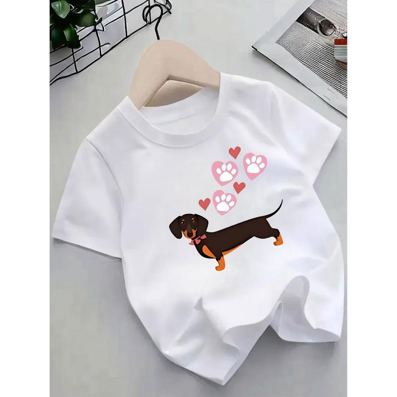 European Sizes Cute Dachshund Pattern Kids' T-Shirt | Casual Summer Knit Top with Heart Paw Print Design, Regular Fit, Crew Neck