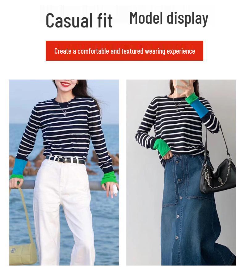 Thickened Skin-Friendly Age-Reducing Colorblock Cuffs Striped Knit Sweater - Xiaohongshu Style Long-Sleeve Base Layer for Autumn/Winter