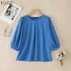 Women Casual Round Neck Solid Color 3/4 Sleeve Loose Blouse