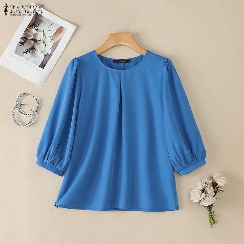ZANZEA Blusa casual da donna a maniche 3/4 a tinta unita con scollo rotondo