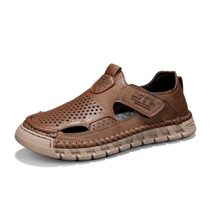 Fashion Men's Casual Leather Sandals Lightweight Summer Flats Stylish Beach Shoes Comfortable Hollow Out Loafers Male Magic Glue Sandals