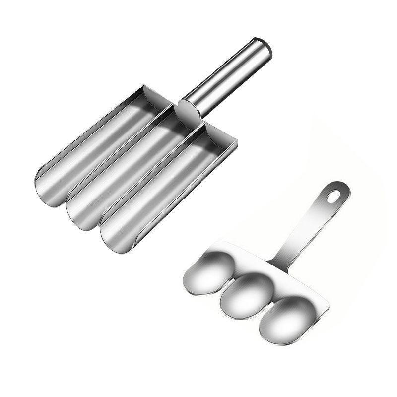 Stainless steel triple meatball maker, non-stick and food-safe. Manual operation, effortless meatball shaping for home and RV kitchens.