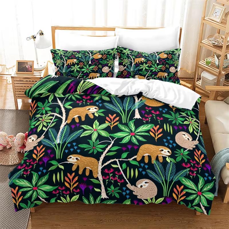 Cartoon Animal Duvet Cover Funny Sloth Green Leaves Bedding Set Twin King For Boys Girls Teen Room Decor Microfiber Quilt Cover