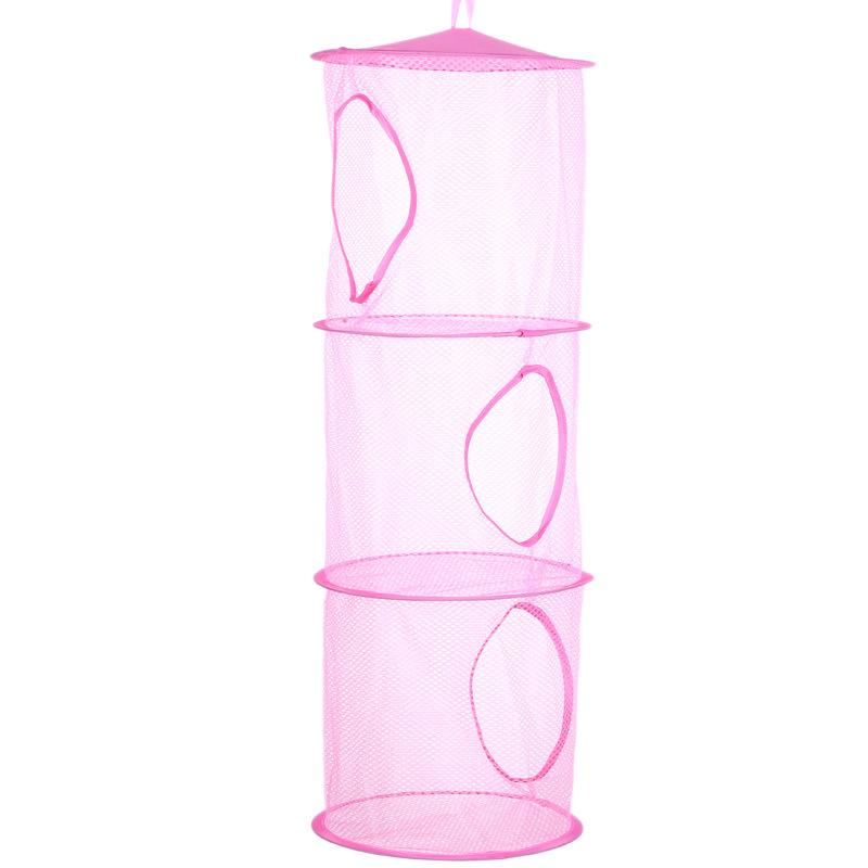 3-tier hanging grid organizer, stackable open cage plush animal storage, multi-purpose cylindrical toy net hammock - hanging bag