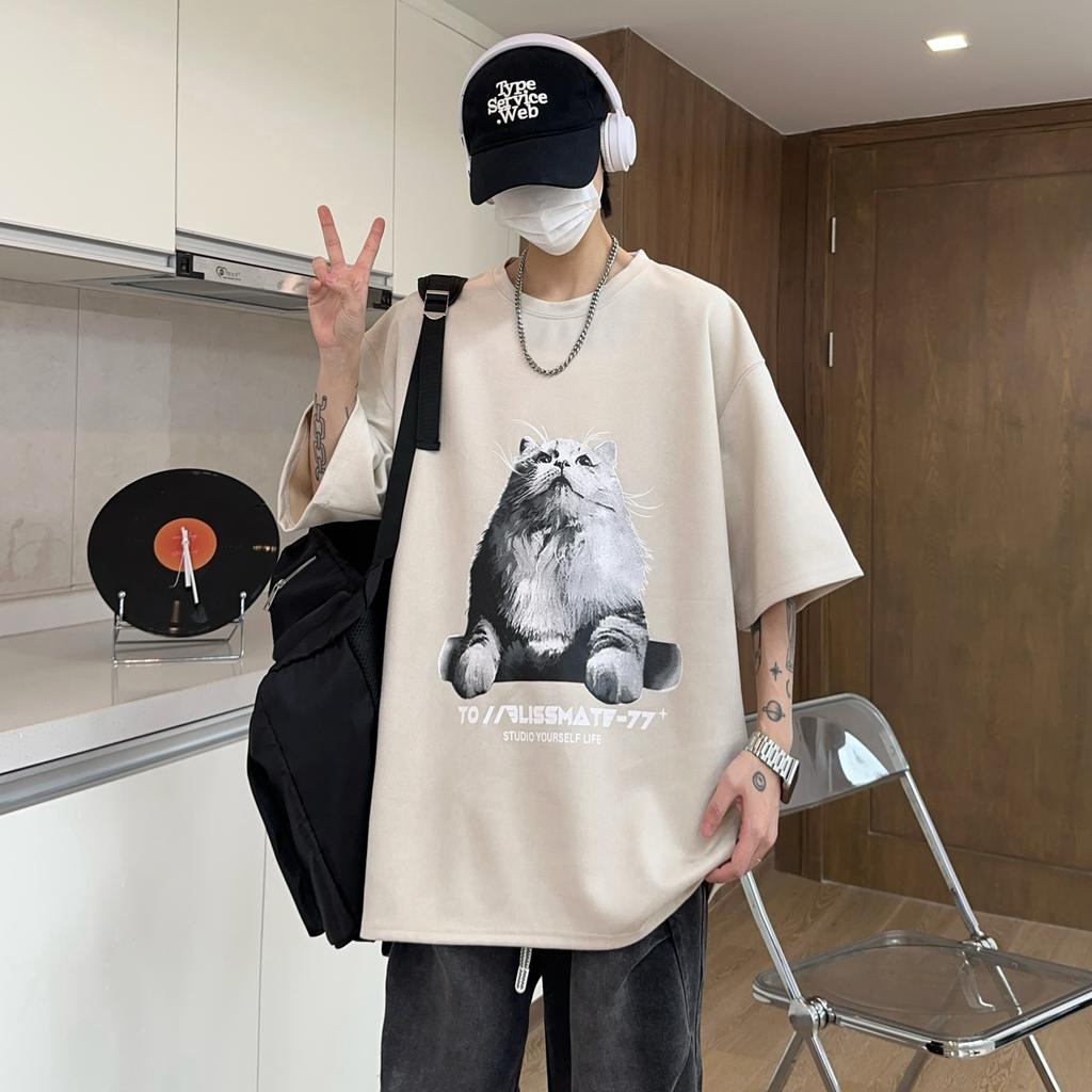 Cotton Short Sleeve t Men's T-shirt ins Trendy Hip-Hop Style Crew Neck Base Shirt Summer