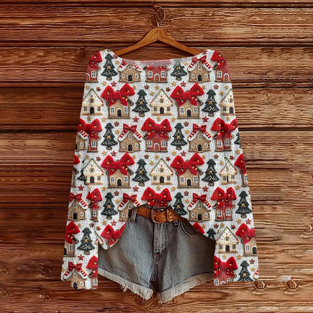 Ladies' Fashionable Casual Long Sleeved Christmas Printed Round Neck Knitted Yarn