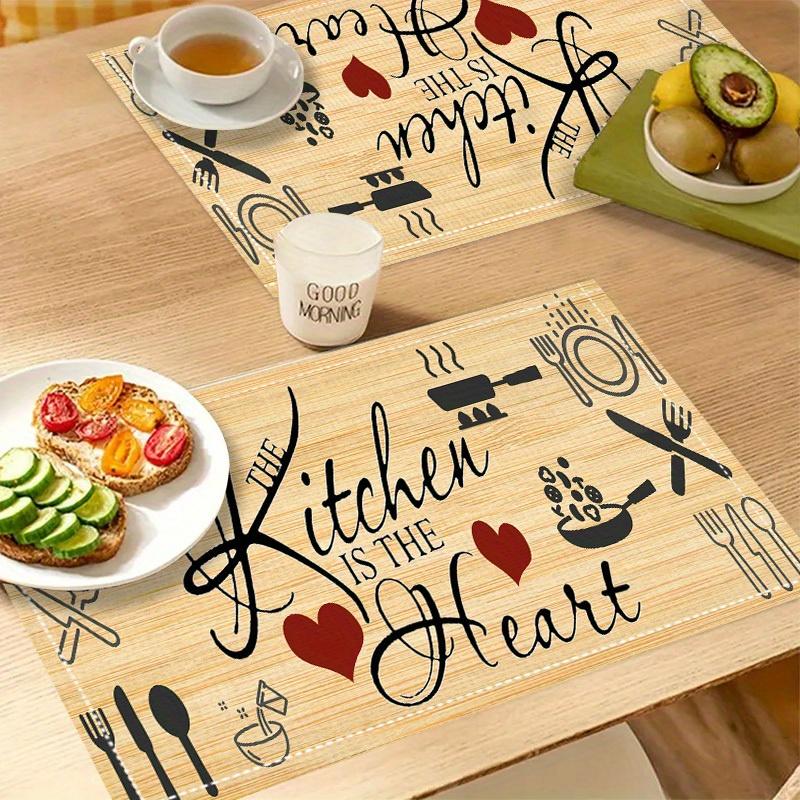 [Kitchen Decor Table Mat] 4pcs, Kitchen Decor And Accessories, Linen Table Fabric, Love Wood Kitchen Pattern Printed Table Mat, Perfect