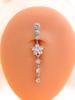 Gold Stainless Steel Long Dangle Flower CZ Belly Button Ring for Women