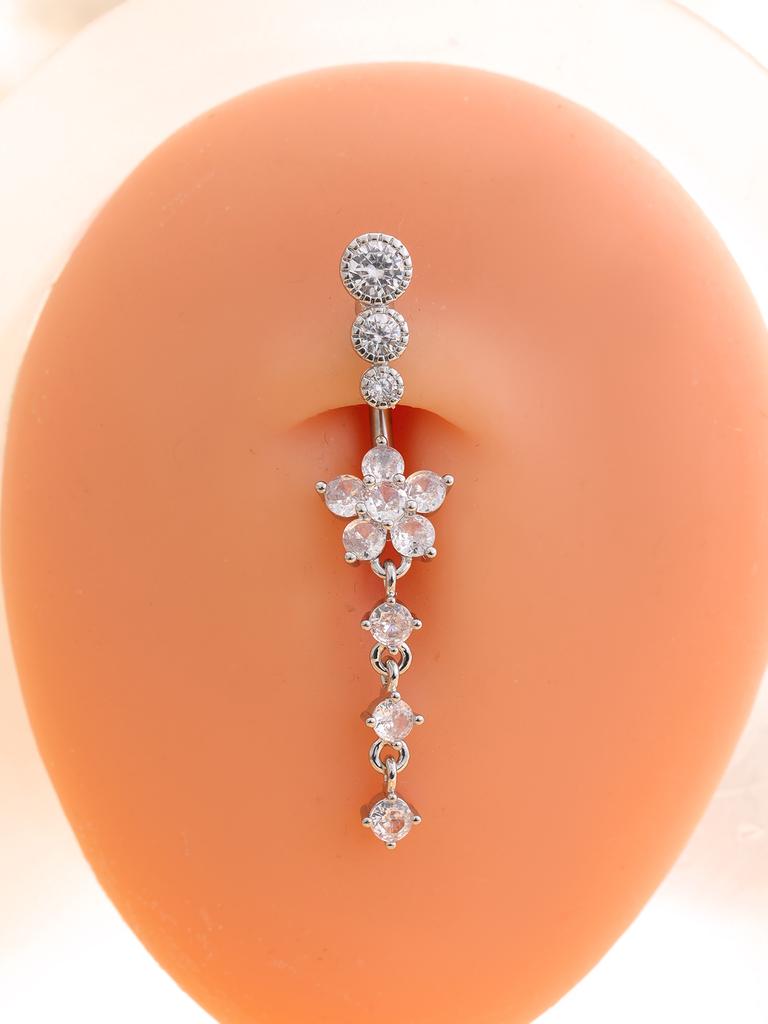 Gold Stainless Steel Long Dangle Flower CZ Belly Button Ring for Women