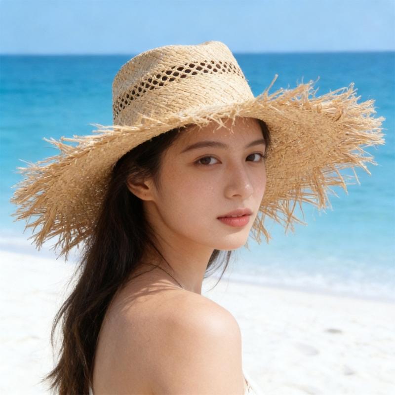 Elegant Raffia Sun Hat With Adjustable Size And Breathable Open Weaving For Beach Vacation Outdoor Activity Travel Gear
