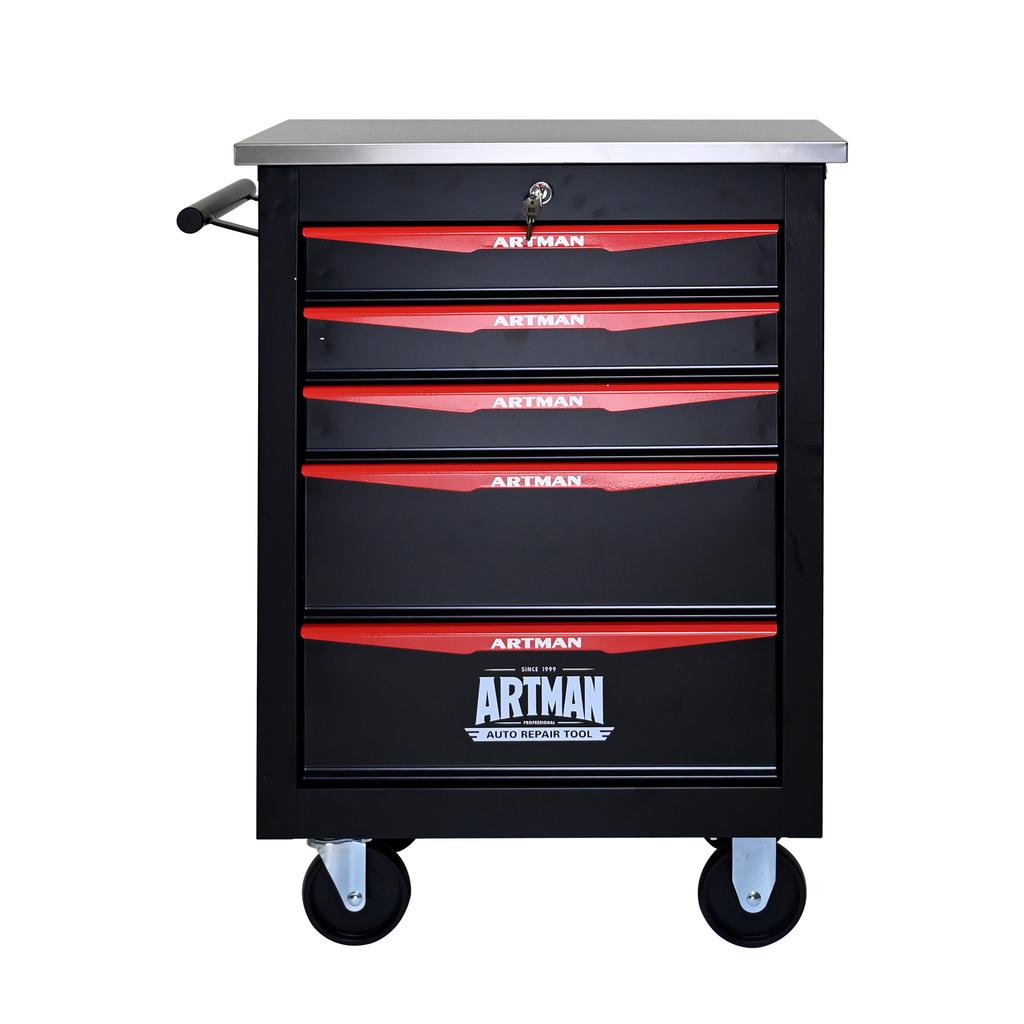 5-Drawer Multifunctional Tool Trolley with Casters, for Garage, Workshop, Warehouse and Repair Shop, with Stainless Steel Worktop, Black-Red
