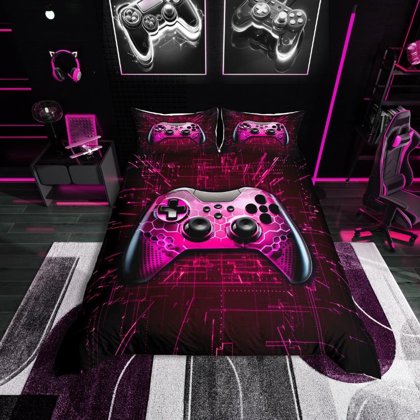 Homewish Gaming Duvet Cover Set,Green Blue Gamepad Controller Comforter Cover Set,Modern Video Game Bed Set For Boy