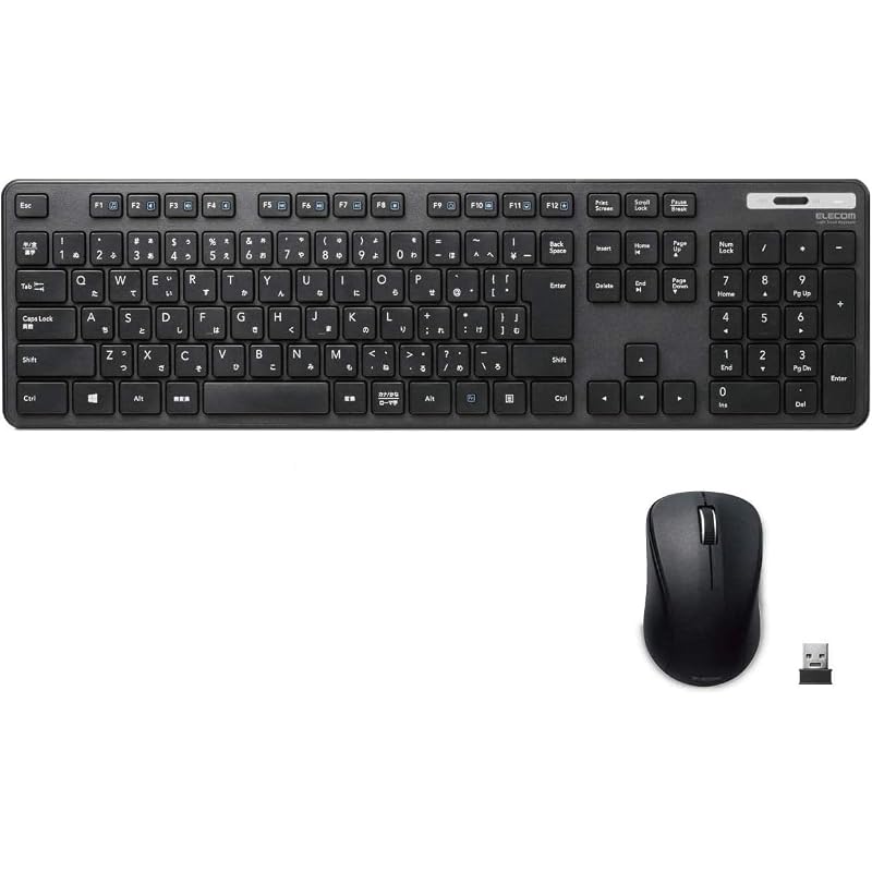 ELECOM Wireless Keyboard and Mouse Set, Membrane, Slim, Full-Size Keyboard, Black TK-FDM110MBK
