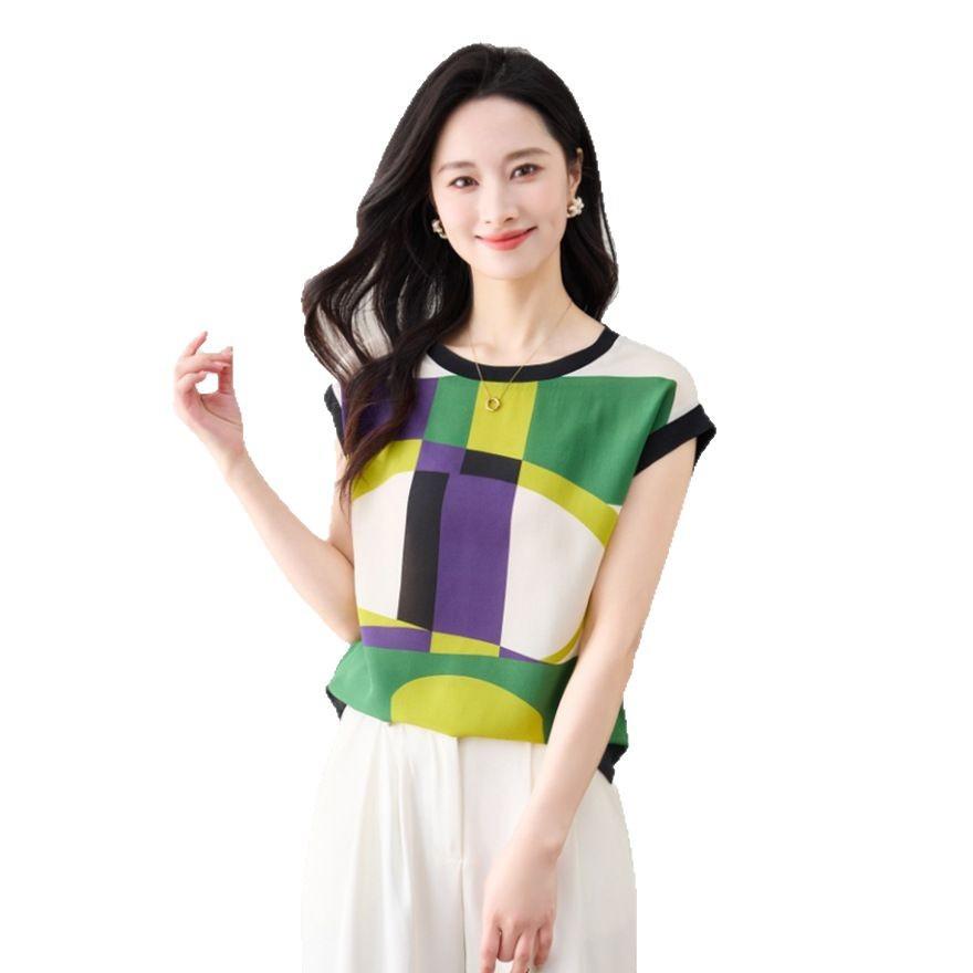 Printed mulberry silk short-sleeved t-shirt  new fashion design loose silk shirt top women
