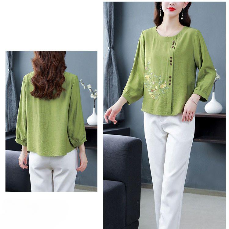 Spring Summer New Women Fashion Casual Office 3/4 Sleeve Embroidery Cotton Linen Big Plus Size Top T-Shirt L-5XL