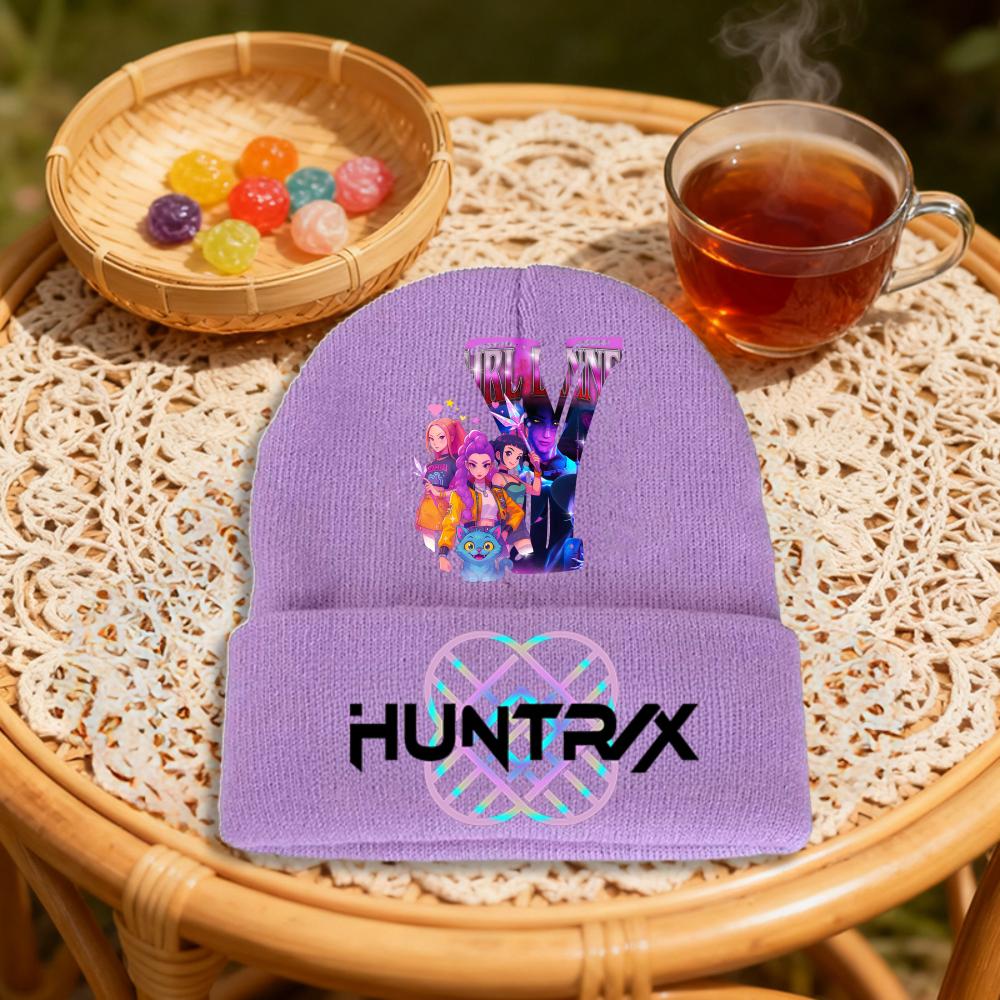 Neueste Anime Kpop Demon Hunter Kinder Strickmütze Niedliches Anime-Muster Warme Mütze für Mädchen Y2k Süß Und Charmant Outdoor Straßenaktivität pink