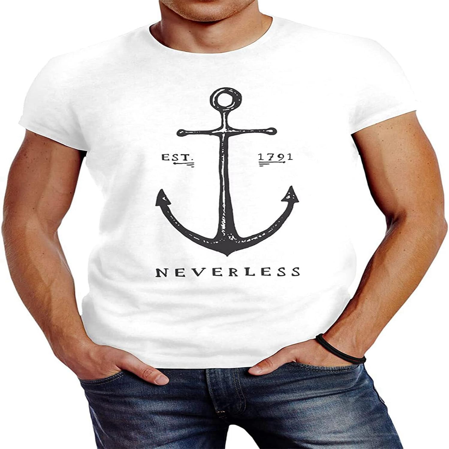 Mens Anchor Slim Fit Neverless Pullover Men s Crewneck T-Shirt S белый