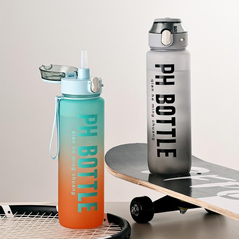 1 Stück 1000 ml Farbverlauf Sport-Wasserflasche Auslaufsicher Tragbarer Fitnesskrug Mit Strohhalm Für Fitnessstudio Outdoor Strand Reisen