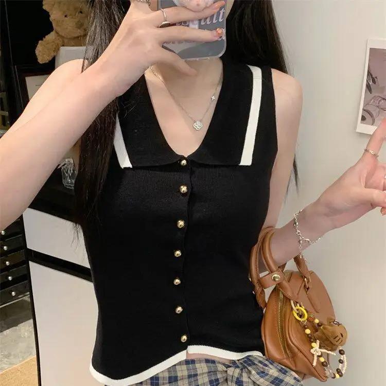 Polo Collar Knit Vest with Gold Button Contrast-Trim Sleeveless Button-Front Cardigan Vest Women Spring Summer Trendy