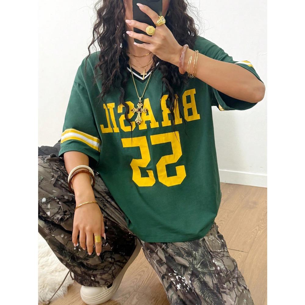 

Brasil 55 Print T-Shirt American Football Uniform V-Neck Loose Breathable Short Sleeved Fashionable Streetwear Y2k Women S Top XL