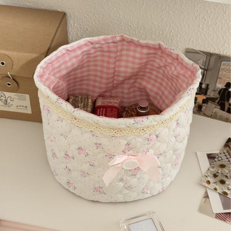 Cute Love Heart Storage Box Quilting Cotton Bow Desktop Storage Basket Large-Capacity Round Storage Frame Home Decoration