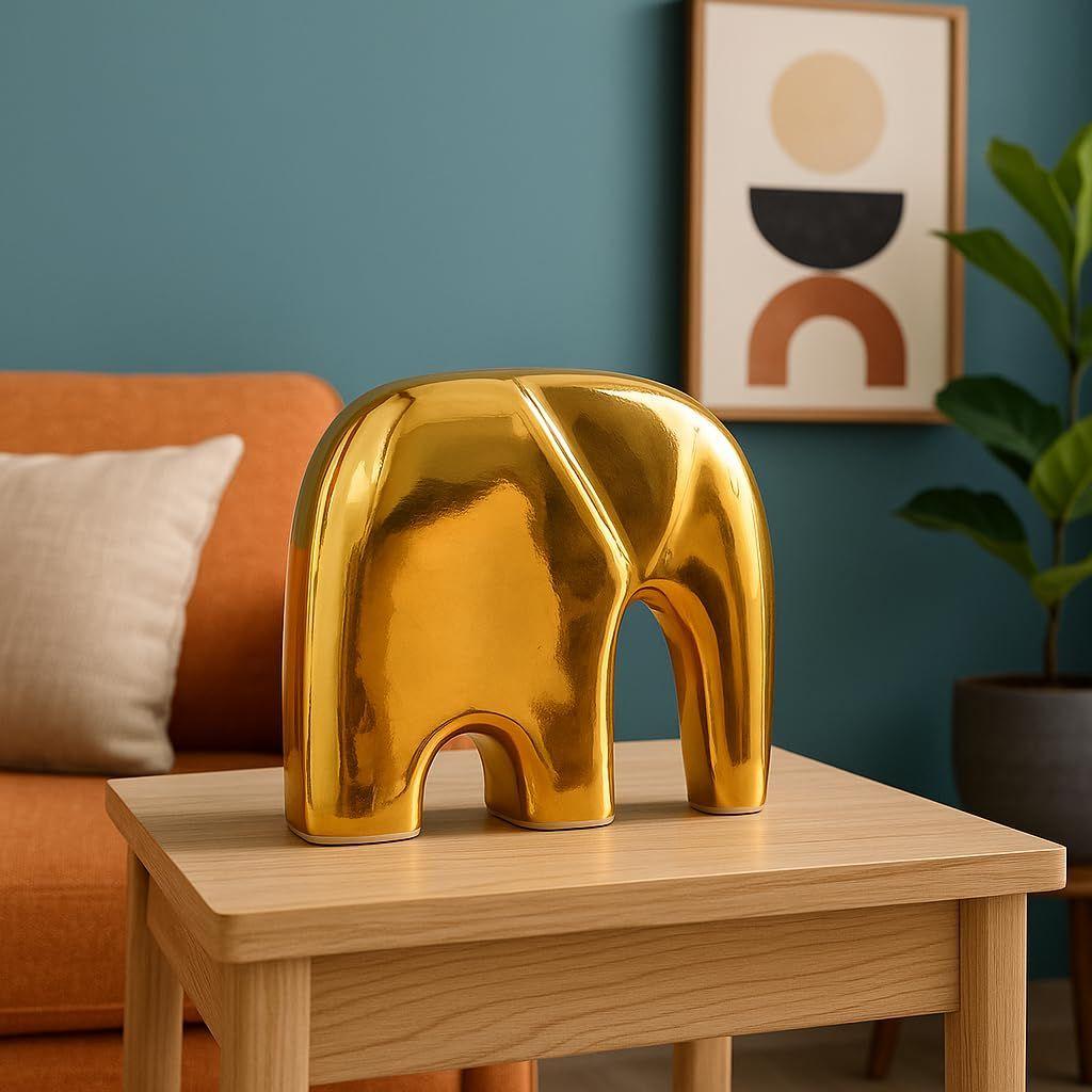 Golden Sleek Modern Elephant Ceramic Figurine | Luxury Home Décor Accent | Elegant Statement Piece for Living Room | Pack of 1