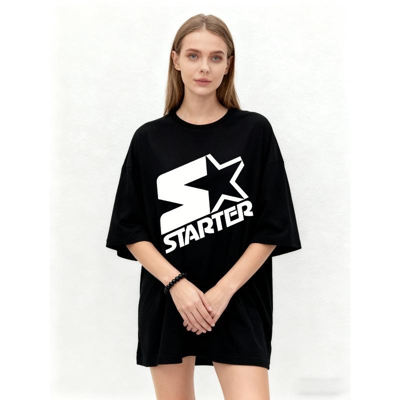 Oversized T-Shirt Black Starter Logo Star Print Casual Streetwear Fashion Top for Women