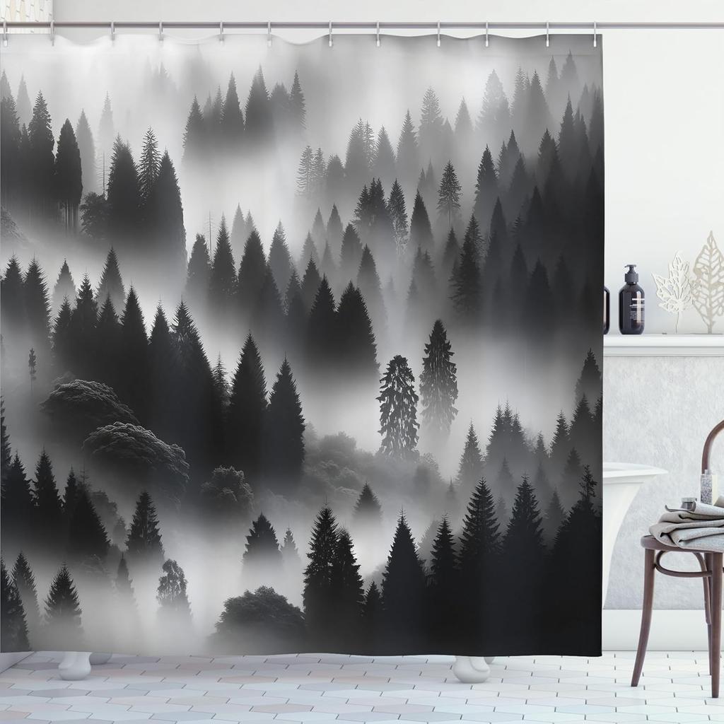 Black and White Shower Curtain, Wild Foggy Landscape of Misty Mountain Forest with Dense Trees, Cloth Fabric Bathroom