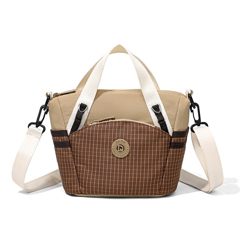 Colorblock Nylon Mini Tote Bag with Grid Pattern Front Pocket Crossbody Casual Small Shoulder Purse for Daily