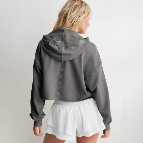 Women's Cropped Sweatshirt Loose Long Sleeve V Neck Hoodies Casual Hooded Pullover Crop Workout Top