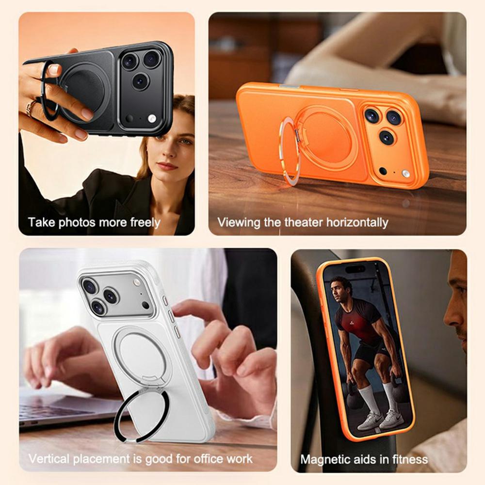 For iPhone 17 Pro Case Compatible with MagSafe Rotating Kickstand Litchi Texture PC TPU Phone Cover