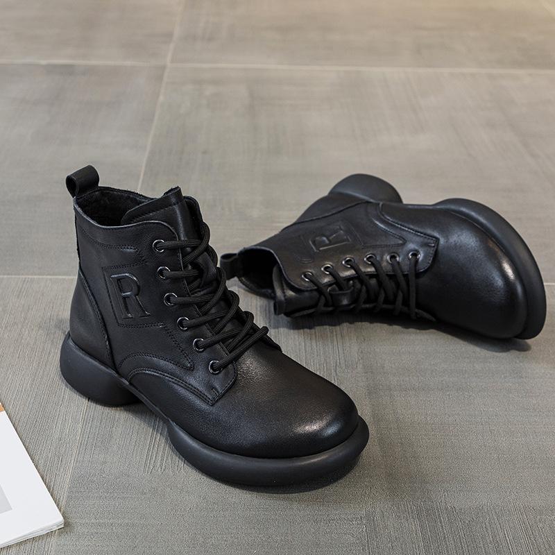 

Первый слой коровьей кожи ботинки Мартин для женской осени и зимы 2025 года новые кожаные на шнуровке повседневные универсальные короткие кожаные ботинки для женщин 35