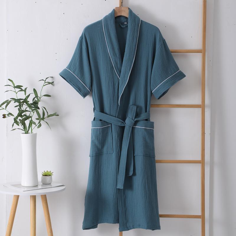 Summer Thin Cotton Bathrobe Double Layer Gauze Short Sleeve Nightgown for Men and Women Absorbing and Quick Drying Bathrobe