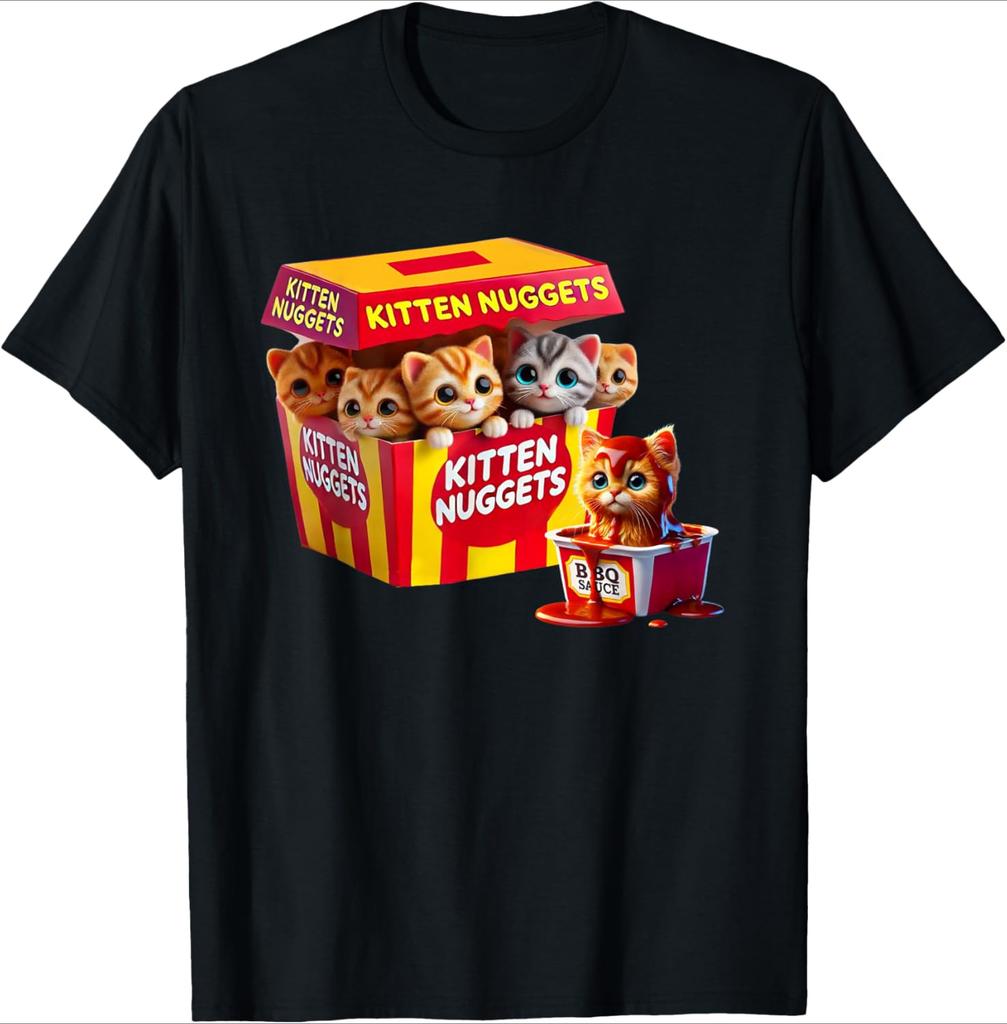 Cartoon Cat Nuggets Black TShirt Cute Food Theme Womens Oversize Casual ShortSleeved Soft Comfortable Basic Crew Neck Top