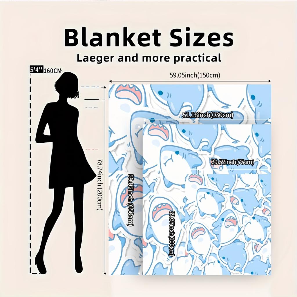 All Seasons Soft Polyester Contemporary Style Shark Cartoon Flannel Throw Blanket - Multipurpose Woven Movie Theme Gift for Offi