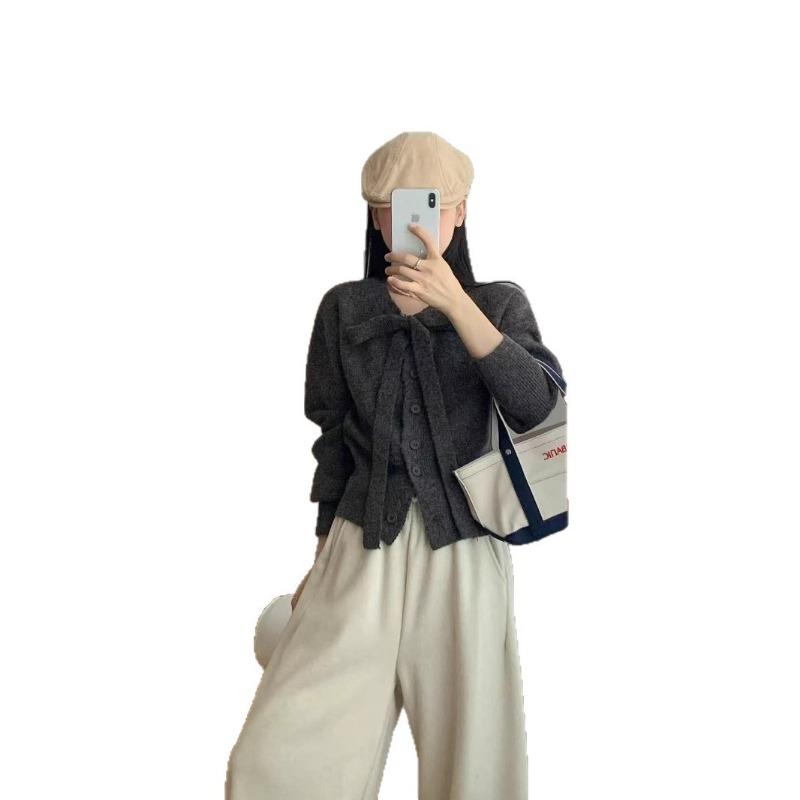 Simple Temperament Bow-tie Long-sleeved Knitted Cardigan Women's Casual Versatile Long-sleeved Jacket