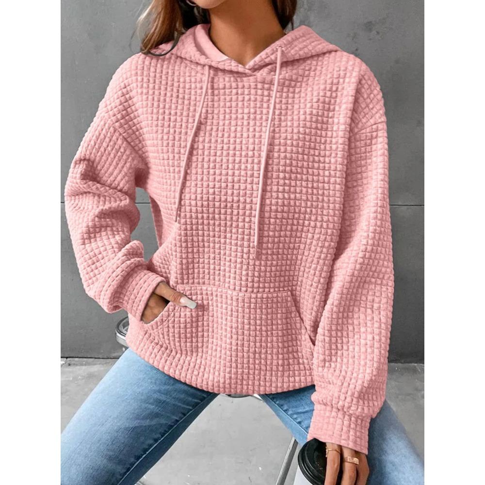 Women's Hooded Sweatshirt Spring and Autumn Style Waffle Fashion Beautiful Solid Color Hooded Drawstring Loose Sweatshirt