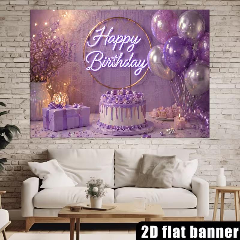 

2D Neon Sign Style Purple Happy Birthday Backdrop Banner Party Decoration 47.2x31.5inch/120*80cm